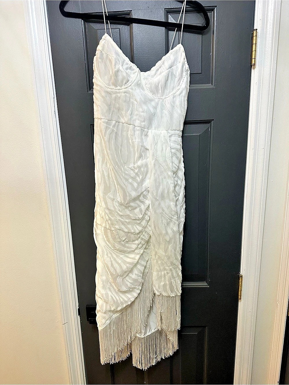PrettyLittleThing Plus White Devore Tassel Detail Underwired Draped Midi Dress